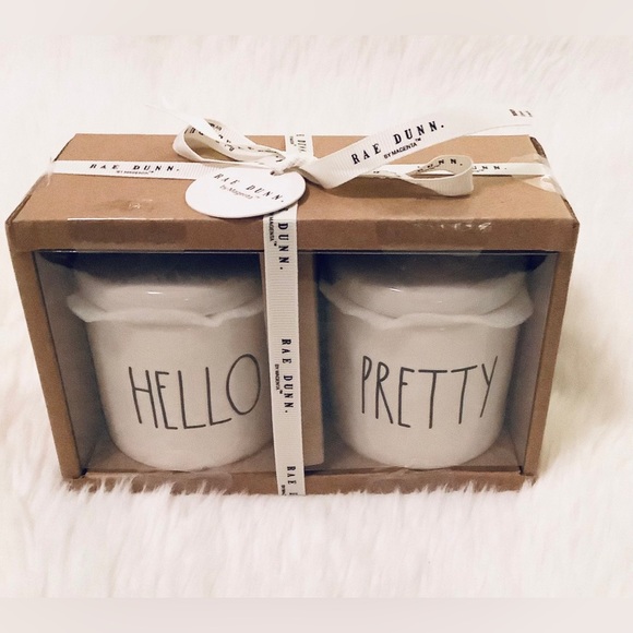 Rae Dunn by Magenta HELLO PRETTY Ceramic 2pc Mini Canisters w/black heart topper - Picture 5 of 7